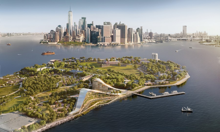 An aerial view of a rendering of Governors Island with various structures surrounded by trees and vegetation, with the skyline of New York City across the water.