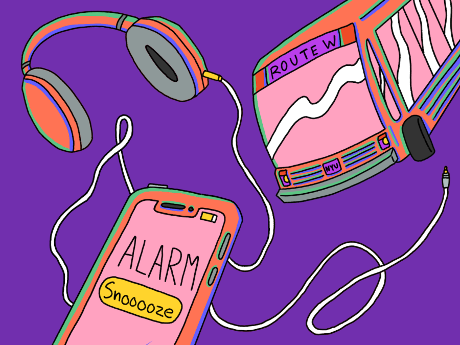 An illustration of a smartphone with an alarm going off that reads “Alarm. Snooze,” a pair of wired headphones and a N.Y.U. shuttle that is titled “Route W” against a purple background.