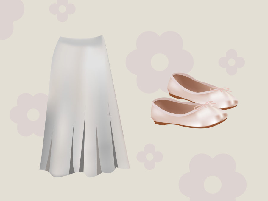 Illustration+of+a+white+pleated+skirt+and+a+pair+of+pastel+pink+ballet+flats+against+an+off-white+background+decorated+with+pink+flowers.