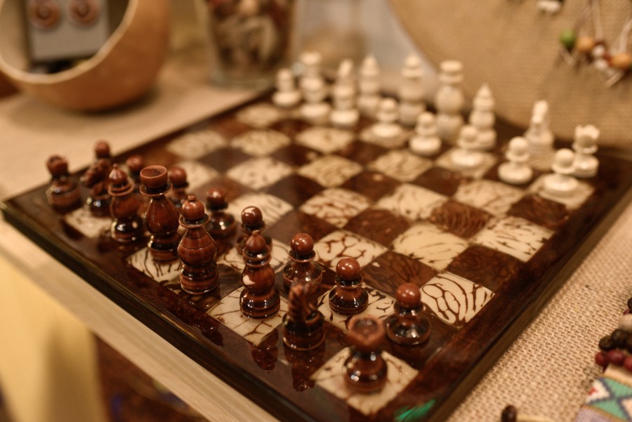 A chess board created by The Tagua owner Daniel Neisa. He created this piece with tagua nuts at different stages of refinement.