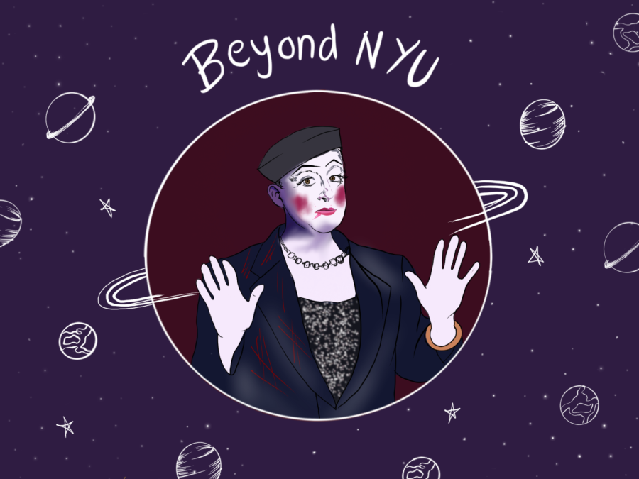 An illustration of a man wearing heavy make-up and a black suit, holding both of his hands up. He is pictured inside a burgundy planetary illustration. Behind him is a purple expanse with white planets, stars and the text “Beyond N.Y.U.”
