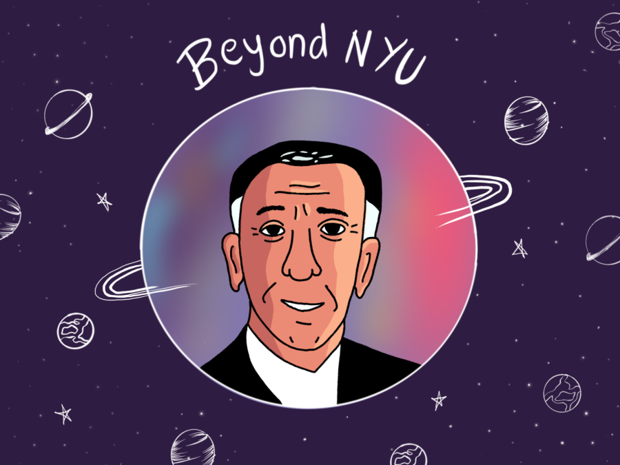 An illustration of a man wearing a black suit and white shirt. He is pictured inside a planetary illustration with a pink and blue gradient. Behind him is a purple expanse with white planets, stars and the text “Beyond N.Y.U.”
