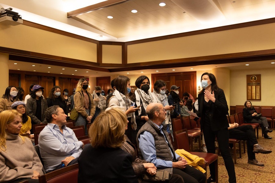 NYU+Law+assistant+dean+Michelle+Cherande+confronts+students+protesting+in+a+room.