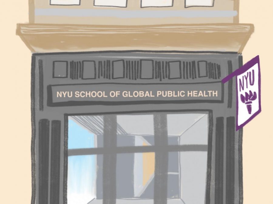 An illustration of the gray exterior of a building that reads “N.Y.U. School of Global Public Health,” with a purple banner that reads “N.Y.U.” on the right side.