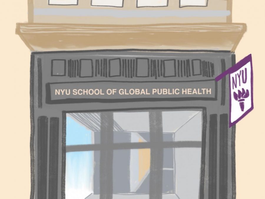 An+illustration+of+the+gray+exterior+of+a+building+that+reads+%E2%80%9CN.Y.U.+School+of+Global+Public+Health%2C%E2%80%9D+with+a+purple+banner+that+reads+%E2%80%9CN.Y.U.%E2%80%9D+on+the+right+side.