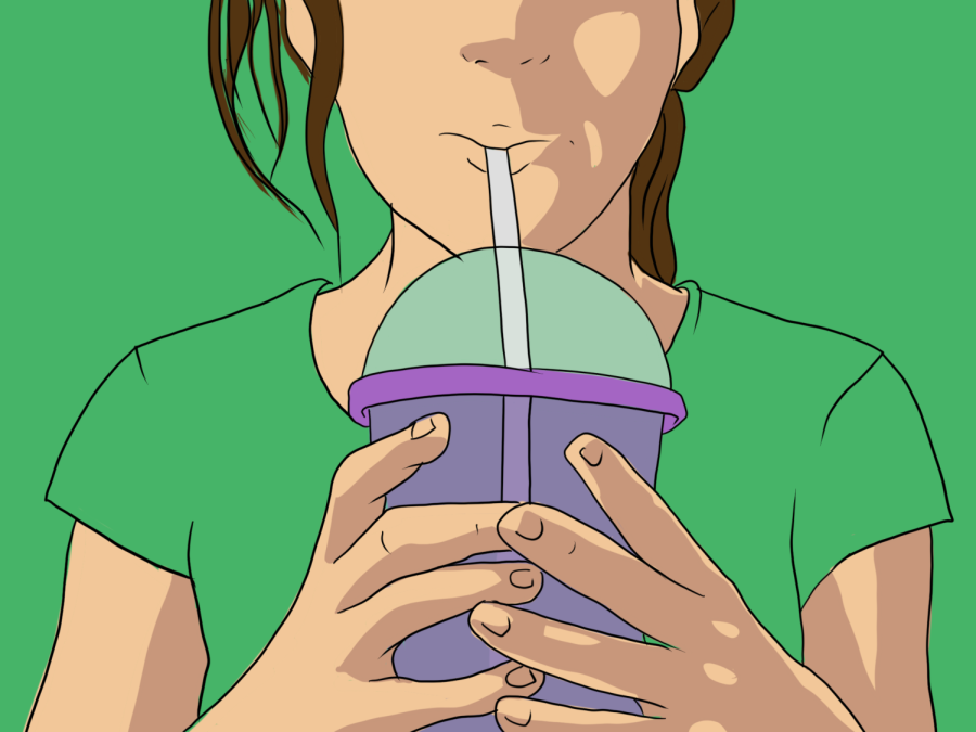An illustration of a girl wearing a green t-shirt drinking from a plastic cup filled with purple liquids with a white straw.