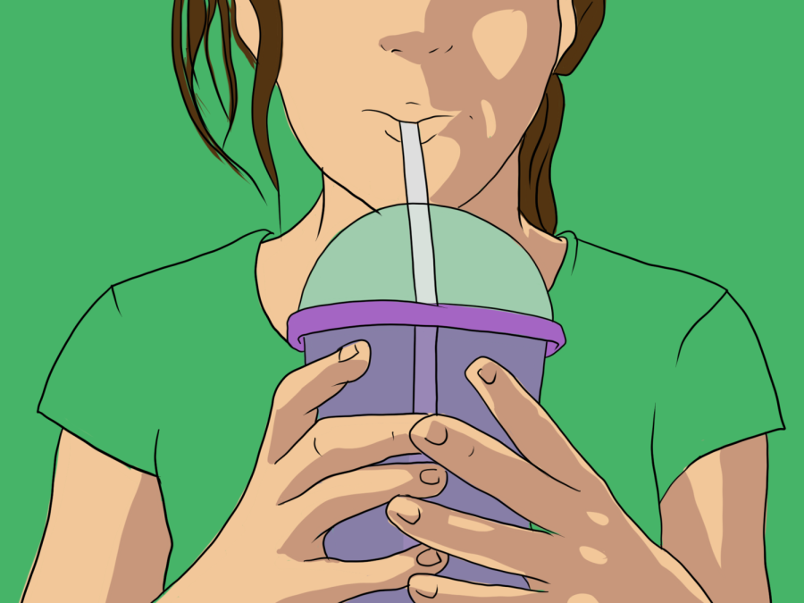 An+illustration+of+a+girl+wearing+a+green+t-shirt+drinking+from+a+plastic+cup+filled+with+purple+liquids+with+a+white+straw.