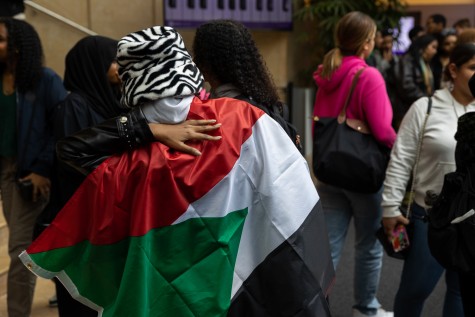The red, white, green and black flag of Sudan is draped over a person’s back, with one hand reached over their back holding it up. Behind them are various people talking amongst each other.