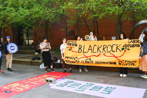 Protesters near Bobst Library hold up signs that read “Israel Apartheid. Blackrock. Labor exploitation. Private prisons. Climate Destruction. Finance Capital.”
