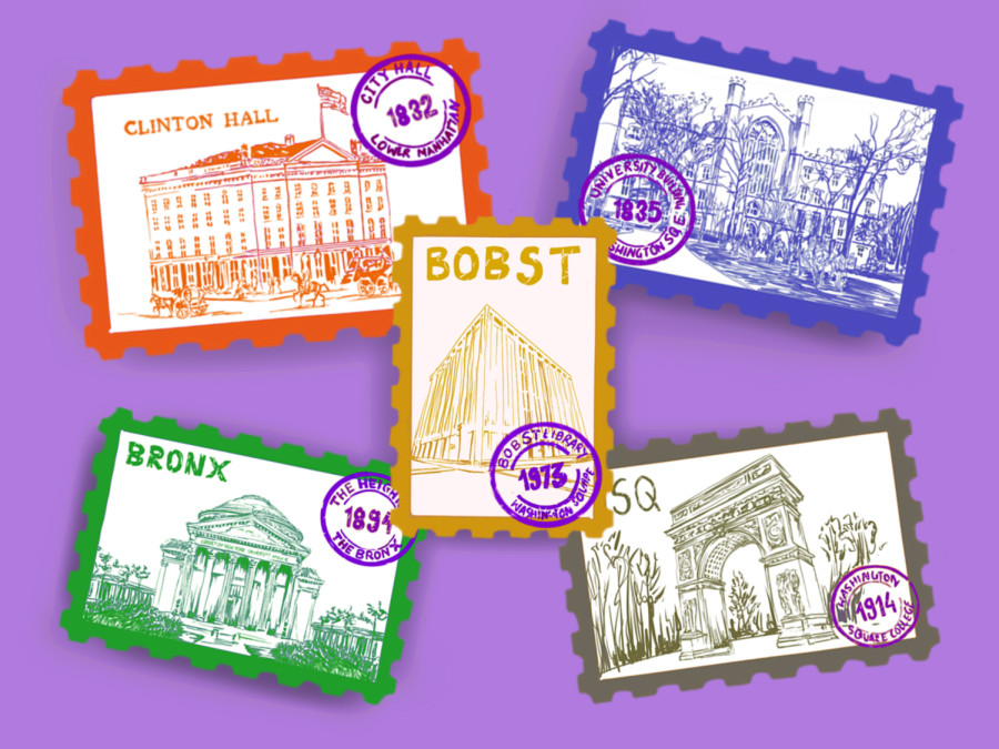 Illusration of 5 postage stamps featuring different NYU buildings over the years