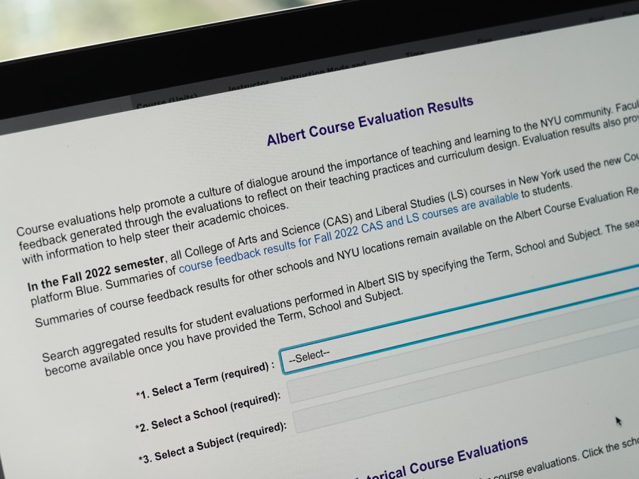 A laptop screen displaying the words “Albert Course Evaluation Results” in purple with an explanation of the evaluations below in black text with hyperlinked text in blue.