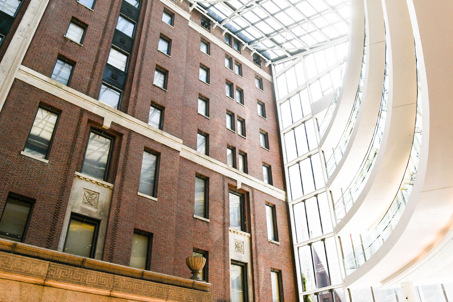 The skylight and interior of the Bellevue Hospital’s lobby.