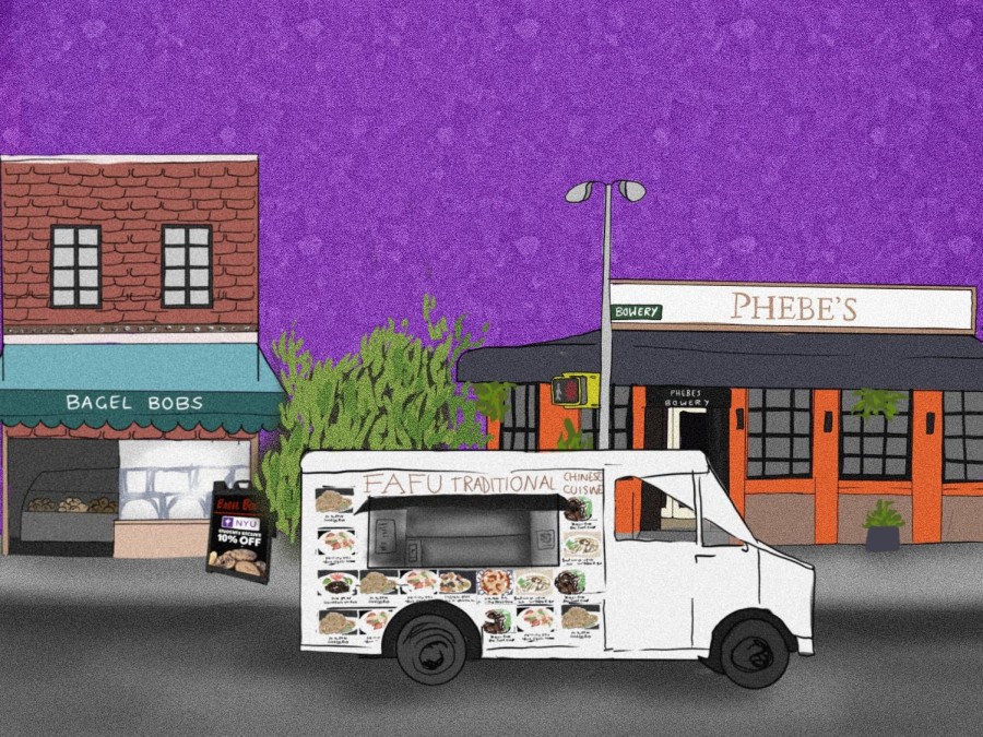 Illustration of a street against a purple sky: From left to right: ‘bagel bobs’ storefront, Fafu’s Traditional Chinese Cuisine food truck and storefront of Phebe’s tavern on Bowery.