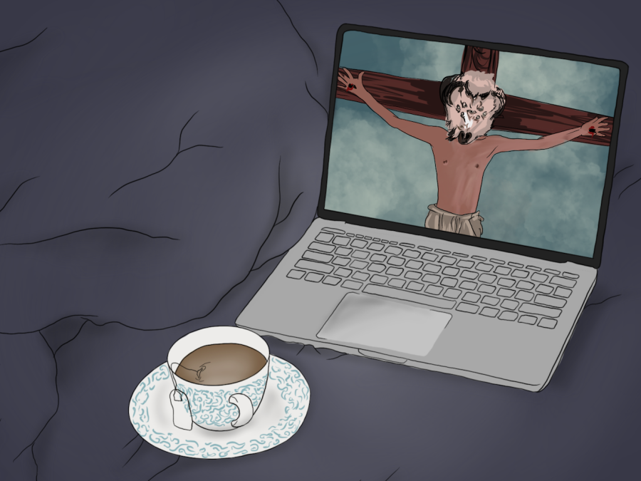 An illustration of a silver and black laptop which has on its screen a crucified man with a multi-eyed goat head.