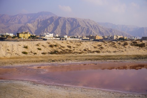 A pink lake with mountains in the background.