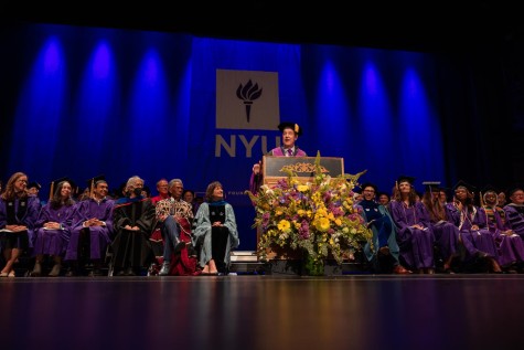 Outgoing N.Y.U. president Andrew Hamilton addresses the graduating Gallatin crowd.