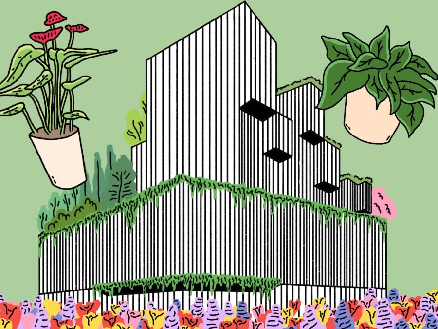 An illustration of a building with a glass exterior with green plants growing. There are two pots of green plants drawn next to the building, all against a green background. The building is N.Y.U.’s Paulson Center.