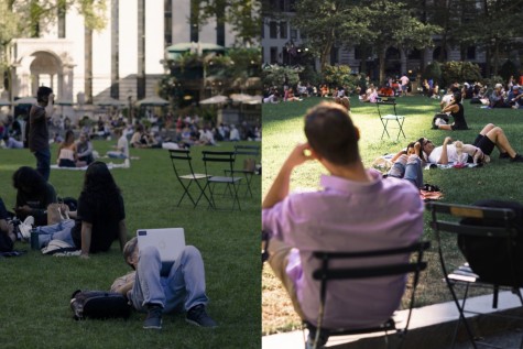 A collage of two photos taken in Bryant Park. The photo on the left shows a person wearing jeans, laying on the grass and using their laptop, with many other people sitting on the grass in the background. The photo on the right shows a person wearing a pink shirt, sitting on a chair with his back to the camera, while the sun shines on the grass in front of him.