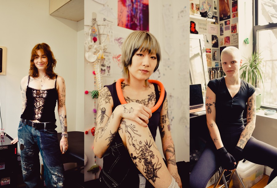 A collage shows, from left to right: Ella Bowie, J. Yueqiao Ma and Phoebe Satterwhite sit in their respective studios and pose for photos.