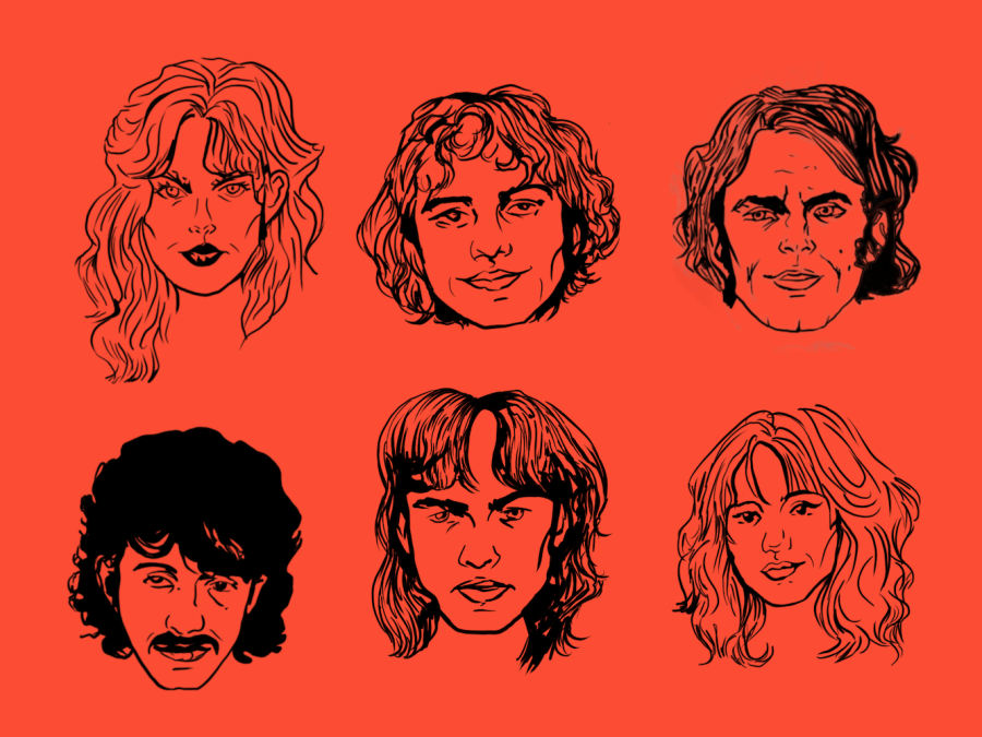 An illustration of each of the six main characters in the new television show “Daisy Jones and The Six” against a red background.