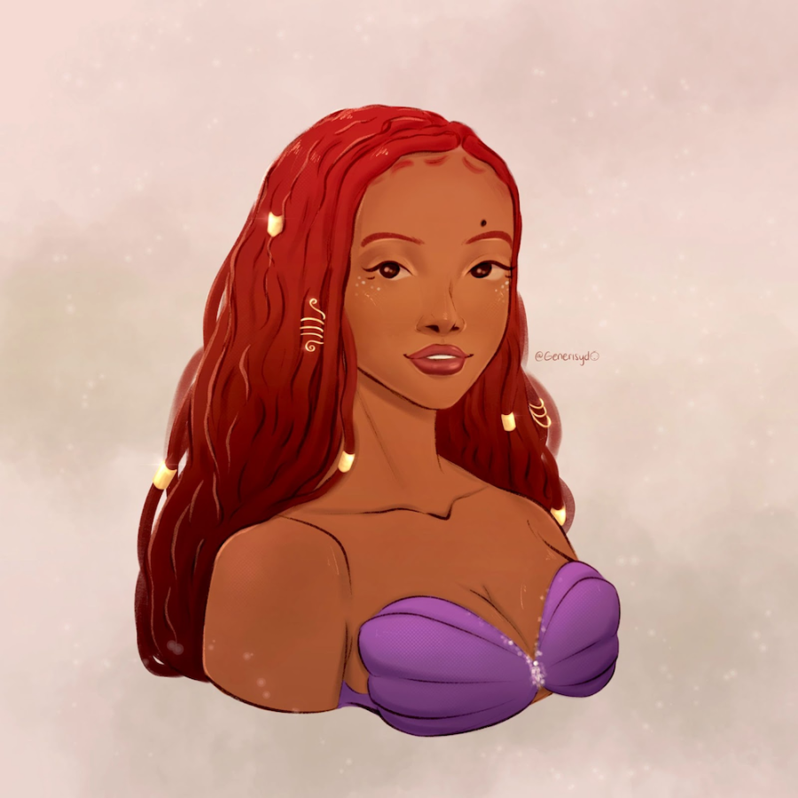 An illustration of a woman with curly red hair and a gold hair decoration wearing a purple shell-shaped top.