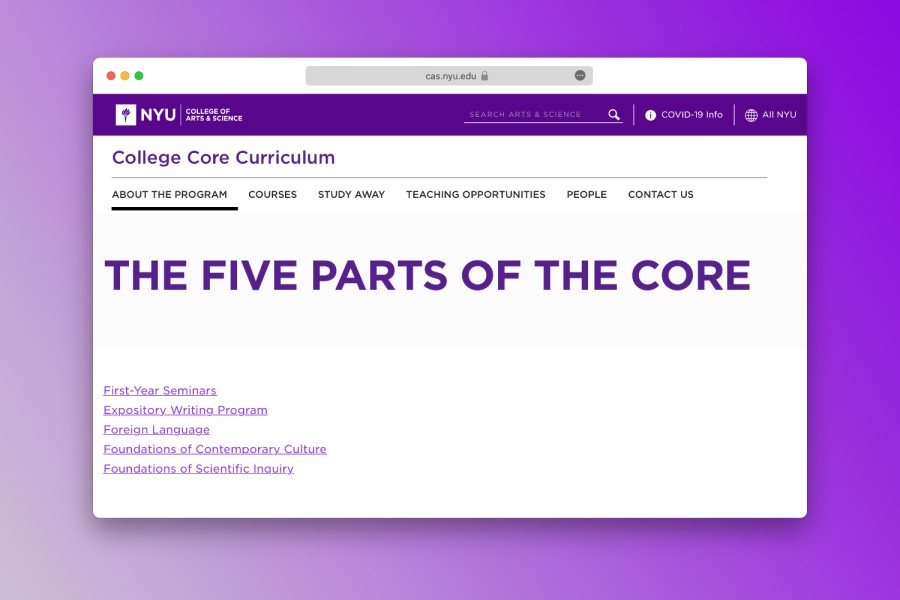 A browser window displaying a webpage of NYU’s College Core Curriculum with the text “the five parts of the core.”