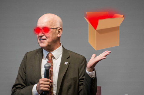 A photo of Andrew Hamilton, the president of N.Y.U., wearing a brown suit with red glowing eyes. Above his left hand is an illustration of a paper box with red glowing lights.