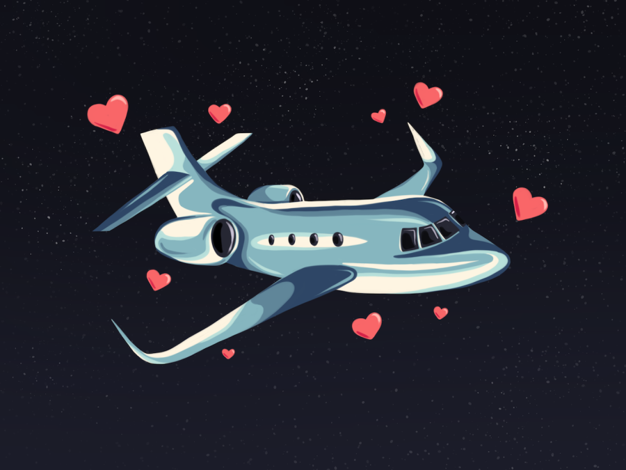 A light blue jetliner flies at night surrounded by nine pink hearts.