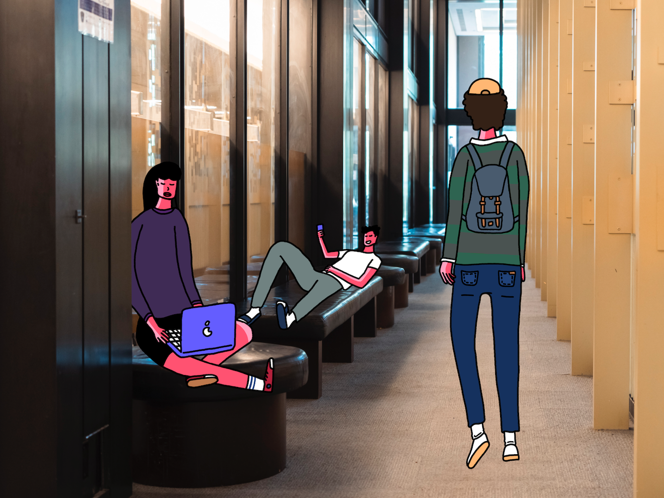 An photo illustration of the hallway of the Bobst Library with people occupying the space.