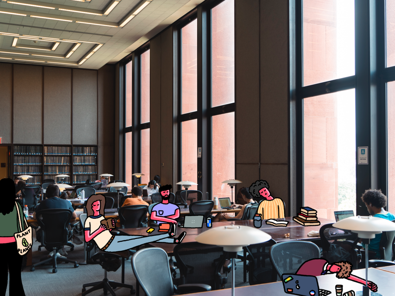 A photo-illustration of students sitting in the Eighth floor reading room inn the Bobst Library.
