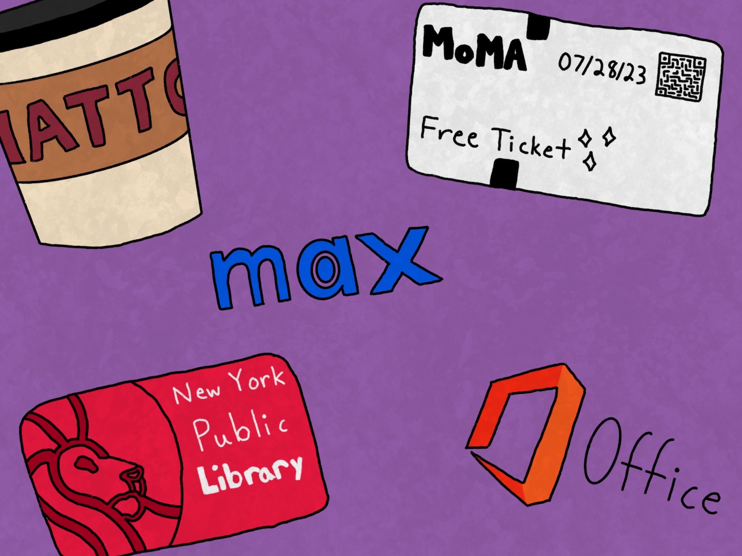 An illustration of a coffee cup with letters A.T.T. printed on it, a Museum of Modern Art free ticket, a logo of I. Max, a library card of the New York Public Library and the logo of Microsoft office against a purple background.
