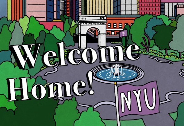 An illustration of an aerial view of Washington Square Park overlaid with texts that read Welcome Home! and N.Y.U.
