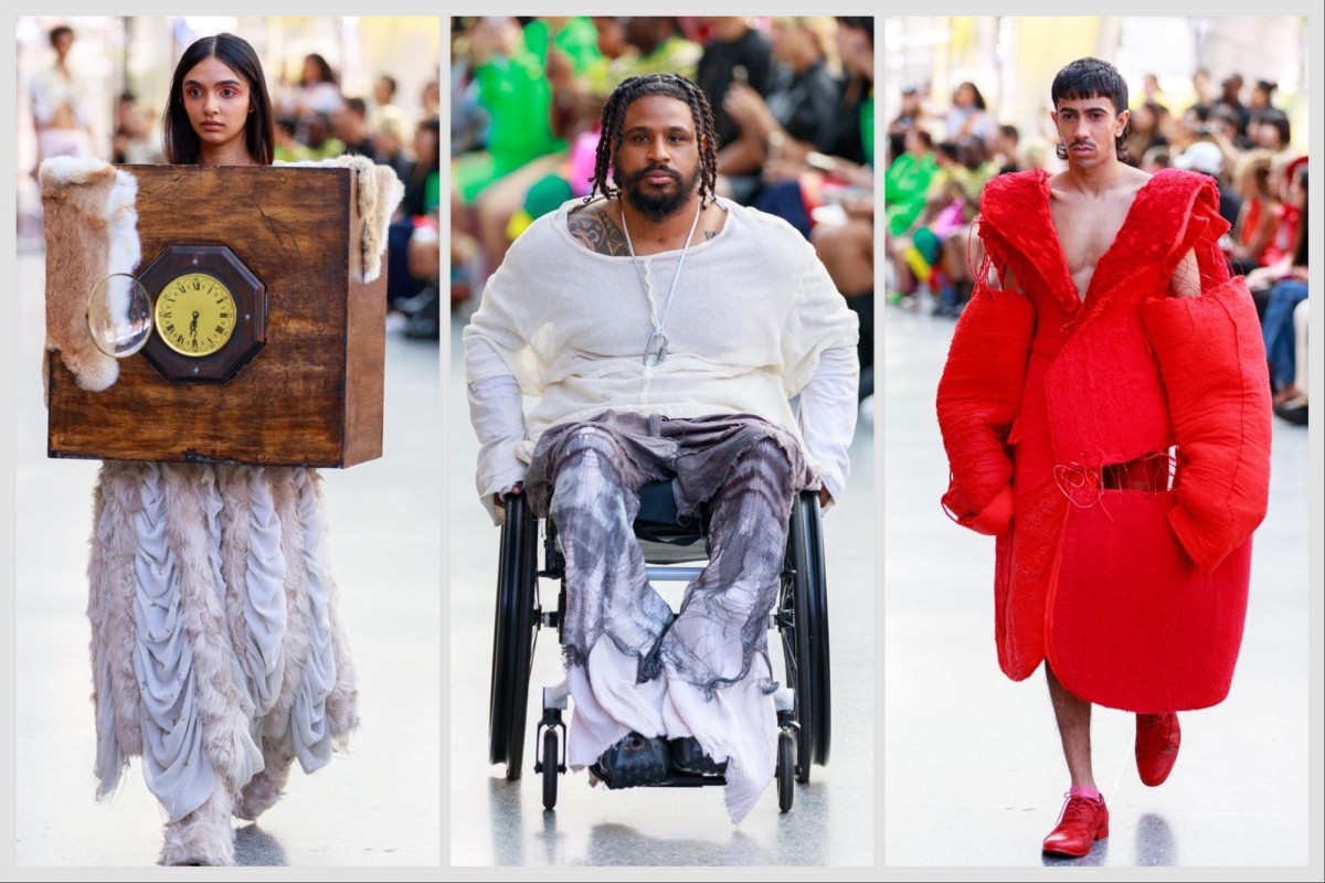 From left to right: a model wearing a wooden box with an analog clock in the front and ruffled white-and-blue skirt; a model wearing a white knitted sweater and tie-dyed purple-and-white pants in a wheelchair; a model wearing a red chunky outfit.