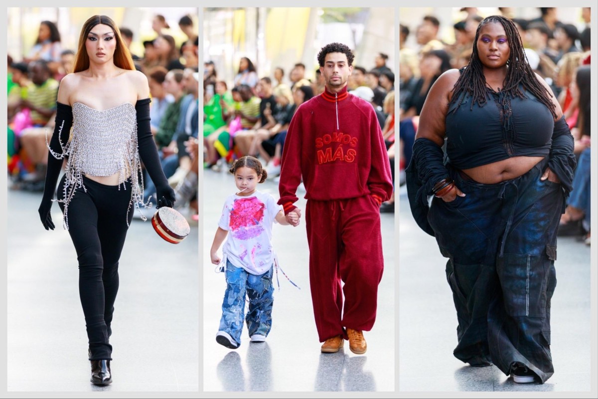 From left to right: a model wearing a sequin corset and a pair of black tights and arm sleeves; an adult wearing a red tracksuit and a child wearing white-and-pink t-shirt and oversized blue jeans; a model wearing a black crop top and black oversized work pants.