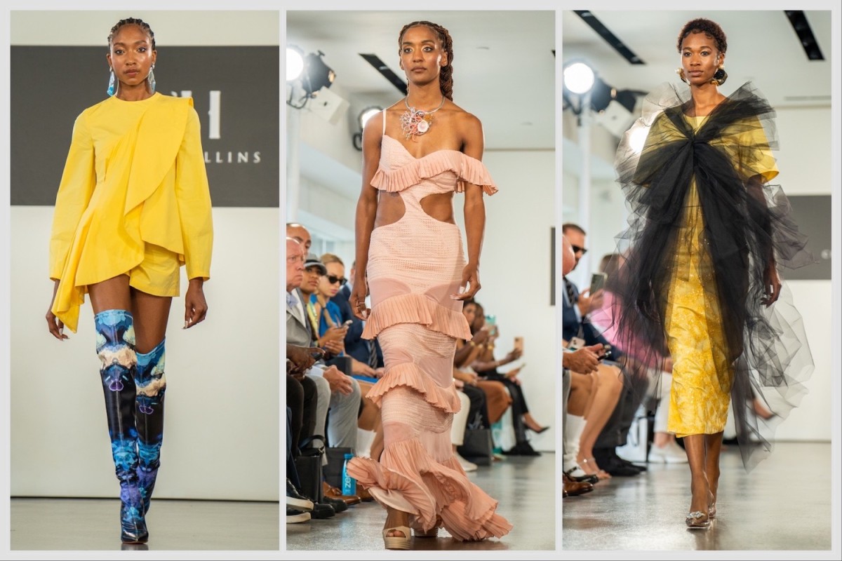 From left to right:a model walking down the runway in a yellow dress and coral-patterned blue high boots; a model walking down the runway in a tan and pink dress with cut-outs; a model walking down the runway in a yellow dress with a large black tulle tie.