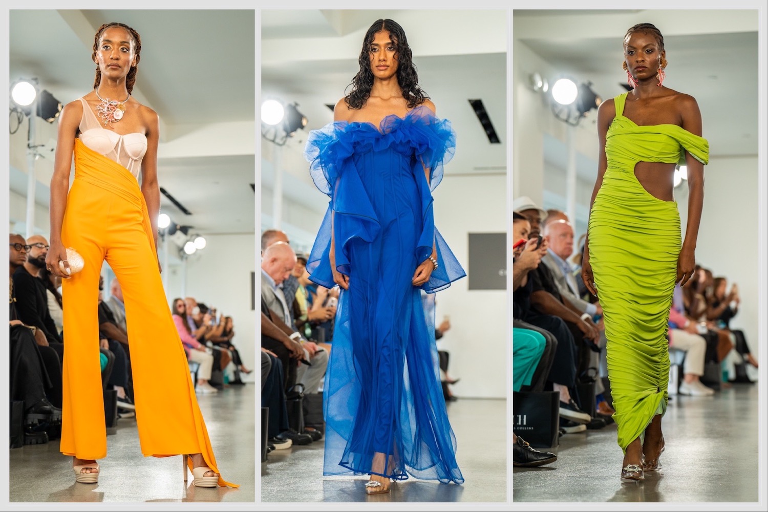 From left to right: a model walking down the runway in a white corset top and orange pants; a model walking down the runway in a blue dress; a model walking down the runway in a green dress.