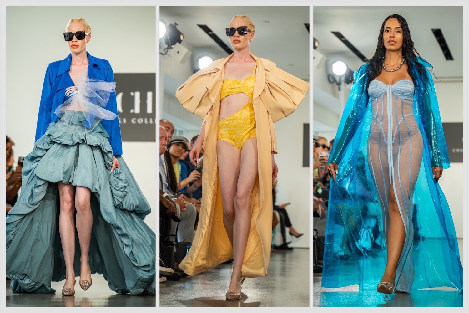 From left to right: a model walking down the runway in a blue blazer and teal high-low skirt; a model walking down the runway in a yellow one-piece body suit with a beige overcoat;; a model walking down the runway in a blue silky see-through dress.