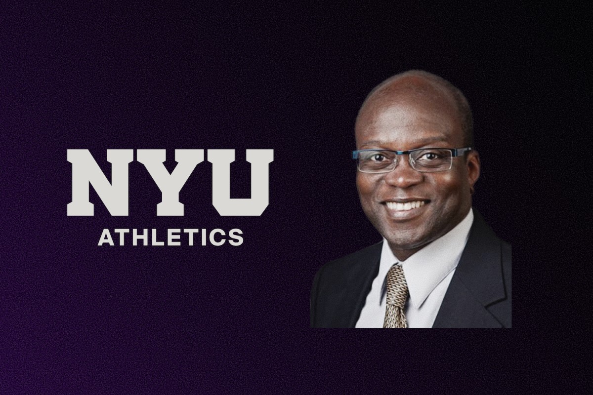 A graphic of former N.Y.U. Athletic Director Stuart Robinson and the logo of N.Y.U. Athletics against a dark purple background.