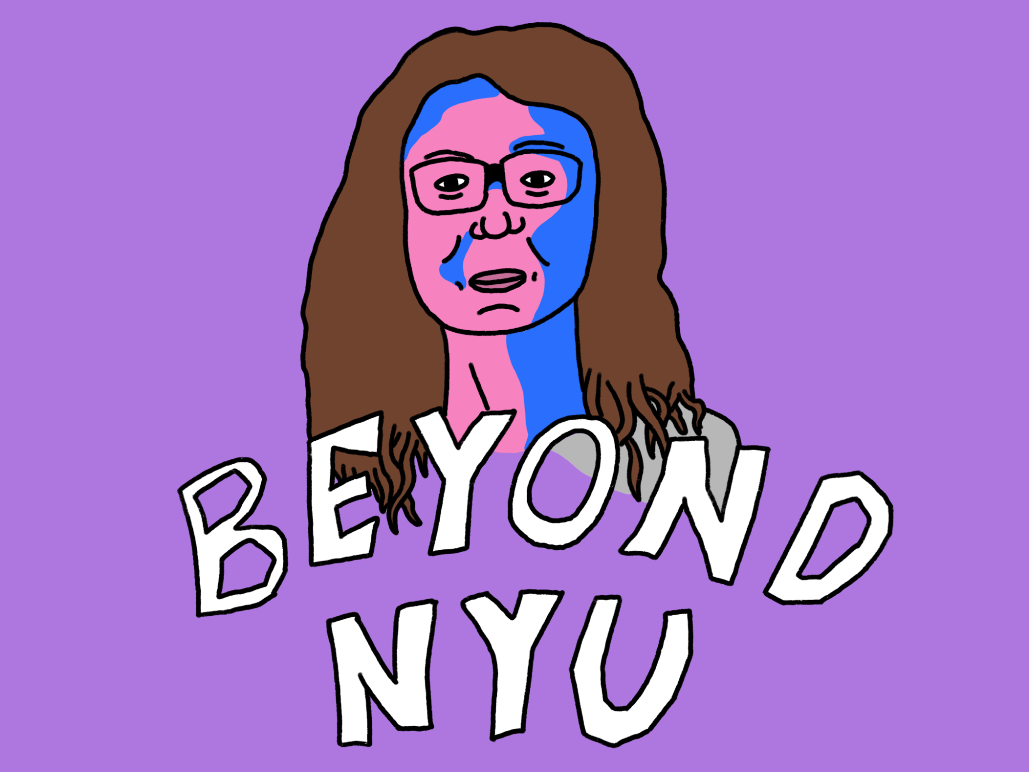 A colorful portrait of Lynne Feldman on top of ‘Beyond NYU’ title.
