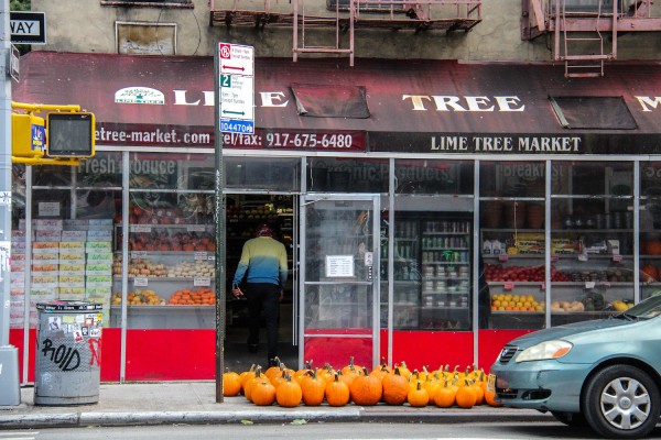 The exterior of Lime Tree Market. Several produce items are on display in a glass case behind a patch of pumpkins for sale.