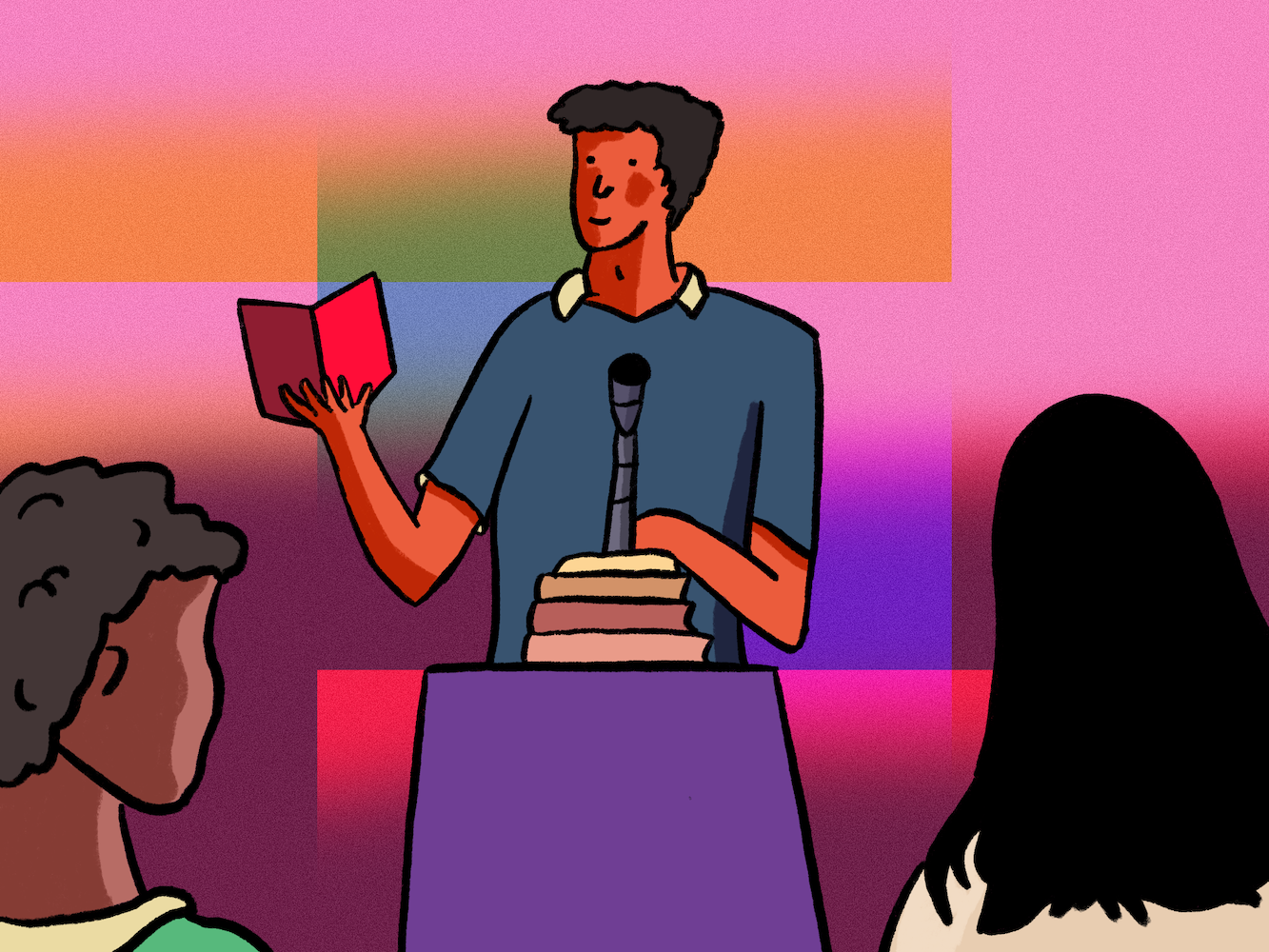 An illustration of a person standing behind a podium and reading a book to two other people.