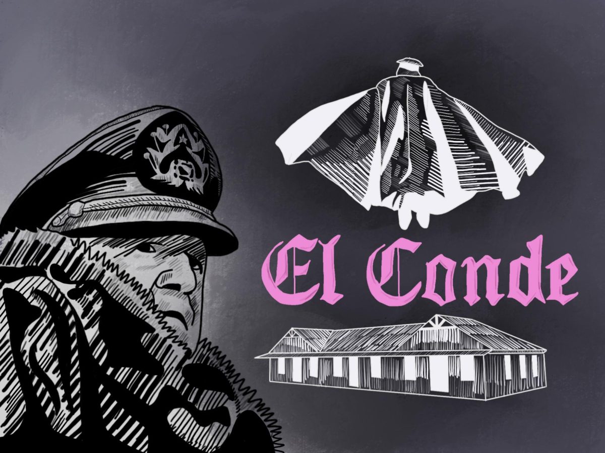 A black and white illustration with a portrait of former Chilean dictator Augusto Pinochet and the title ‘El Conde’ in pink lettering.