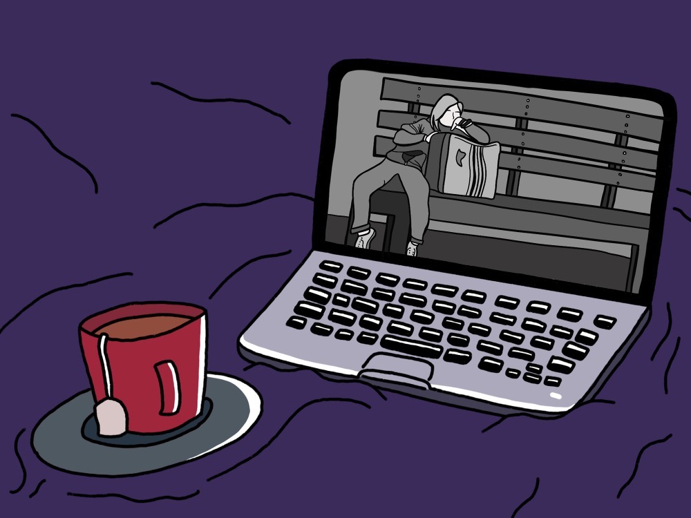 An illustration of a laptop whose screen shows a person wearing a tracksuit leaning over a luggage on a bench. The laptop sits on purple blankets and a cup of tea is also on the blanket.