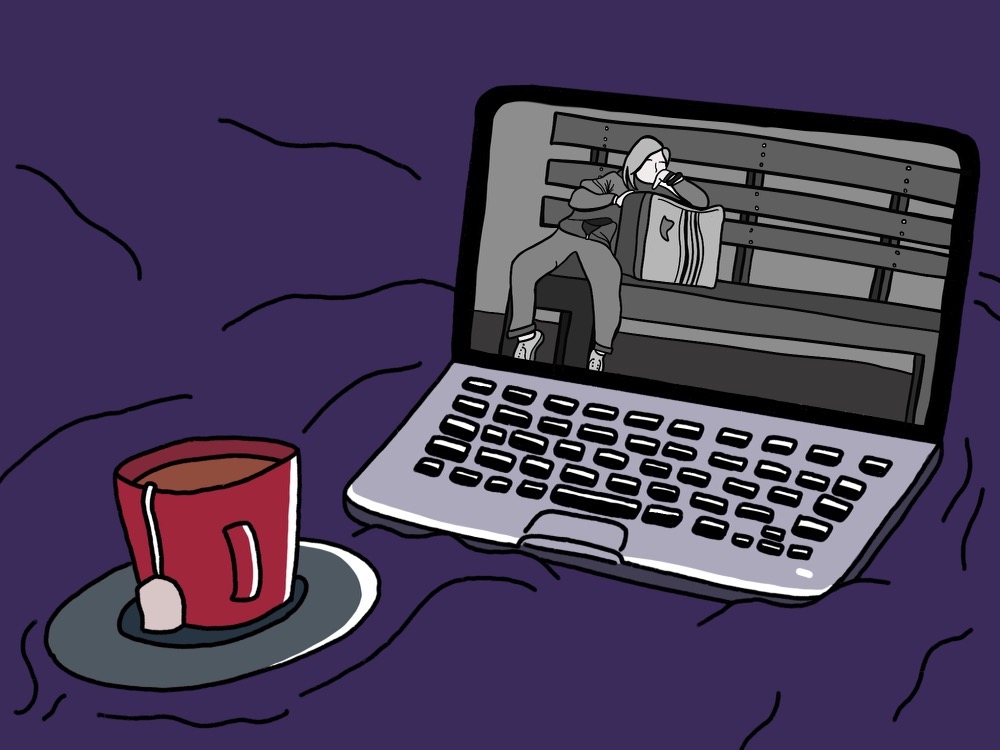 An+illustration+of+a+laptop+whose+screen+shows+a+person+wearing+a+tracksuit+leaning+over+a+luggage+on+a+bench.+The+laptop+sits+on+purple+blankets+and+a+cup+of+tea+is+also+on+the+blanket.