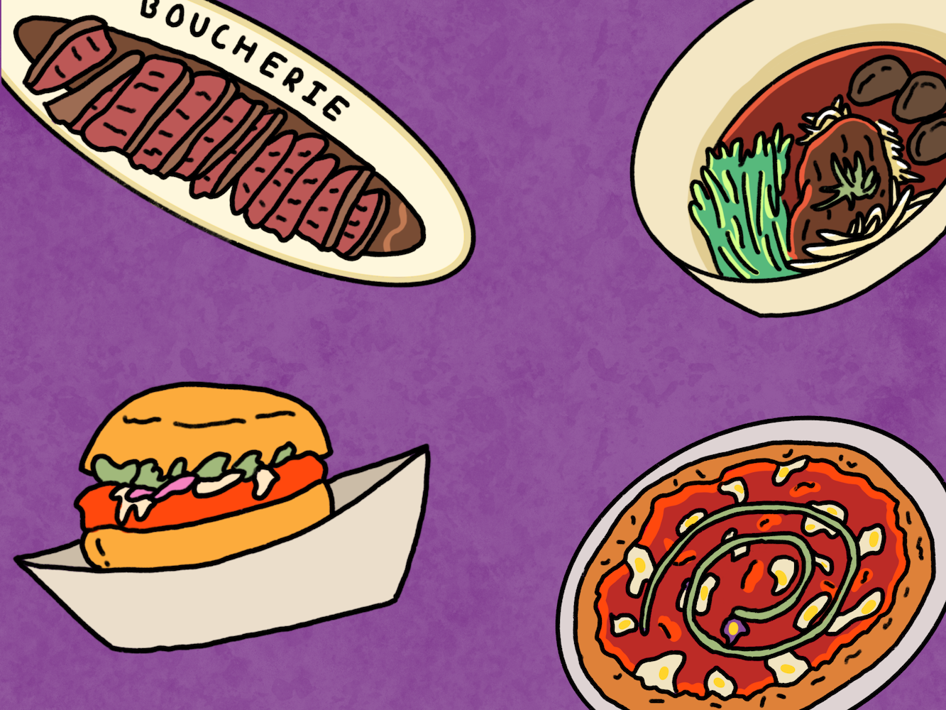 An illustration of a floating burger, a pizza pie, platter of steak and a bowl of thai noodles against a purple background.