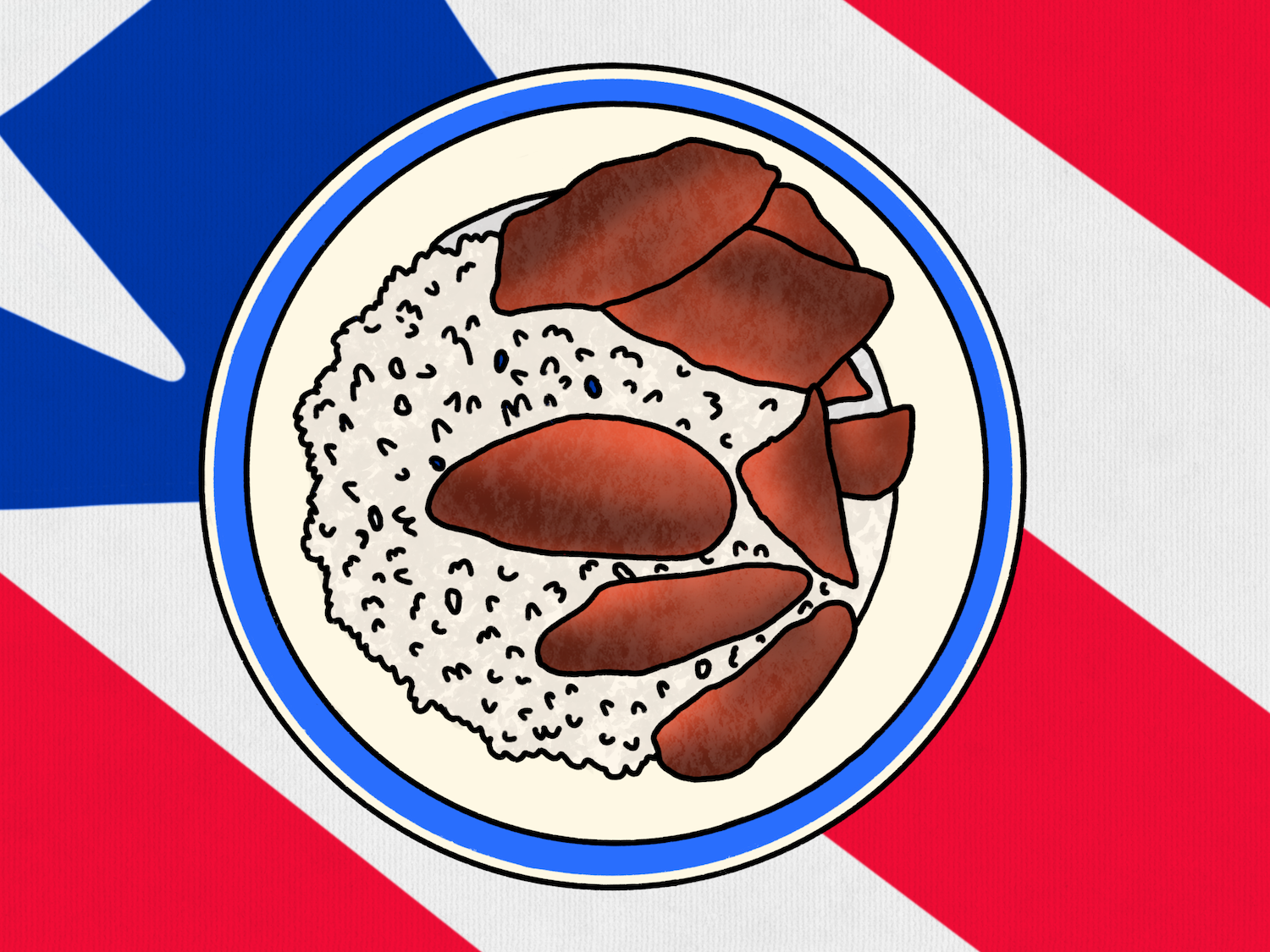 An illustration of a plate of arroz con chuletas with the Puerto Rican flag as the background.