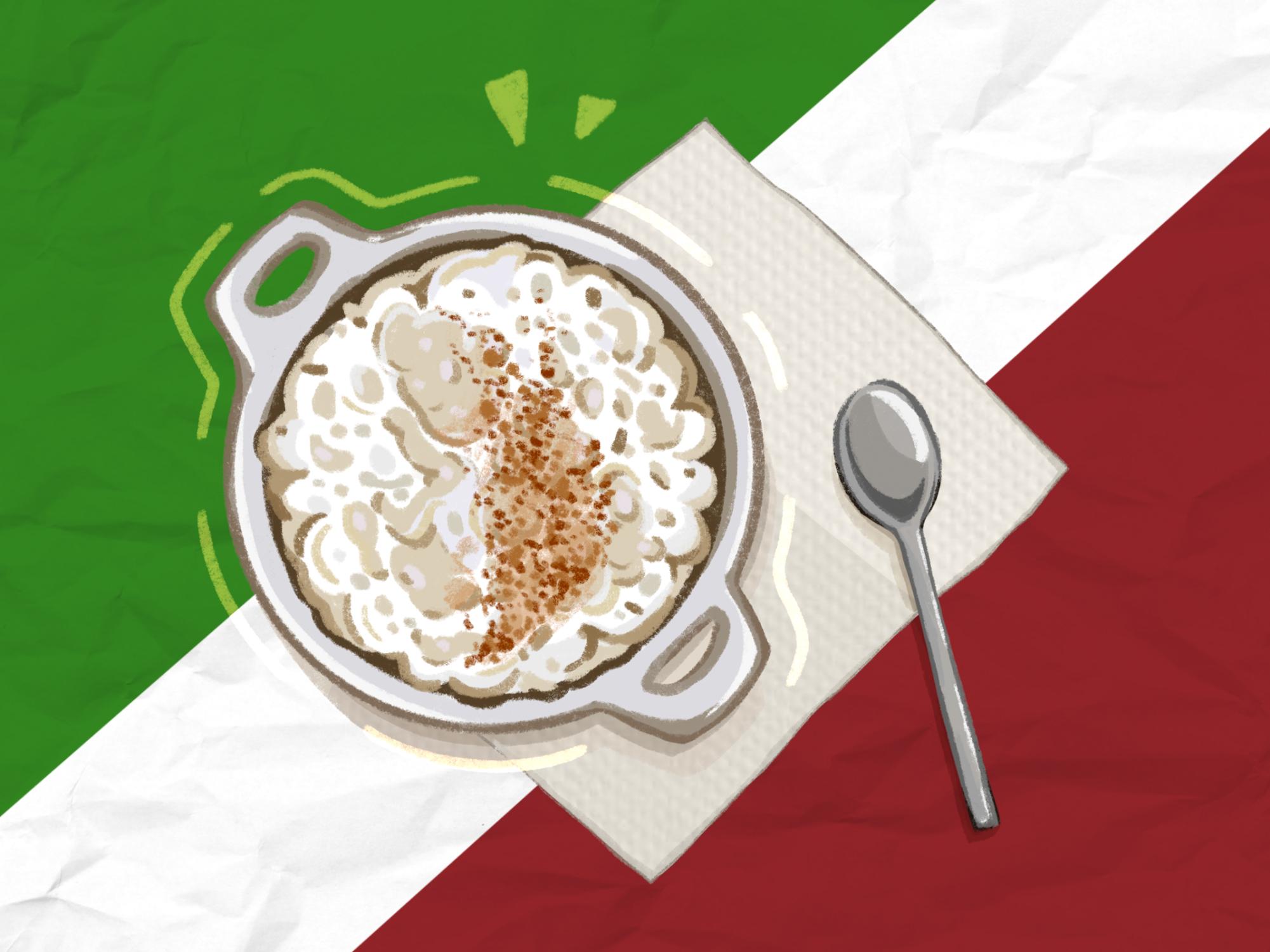 A colorful illustration of a plate containing arroz con leche on top of a napkin and spoon, with the background of the red, green, and white Mexico flag.