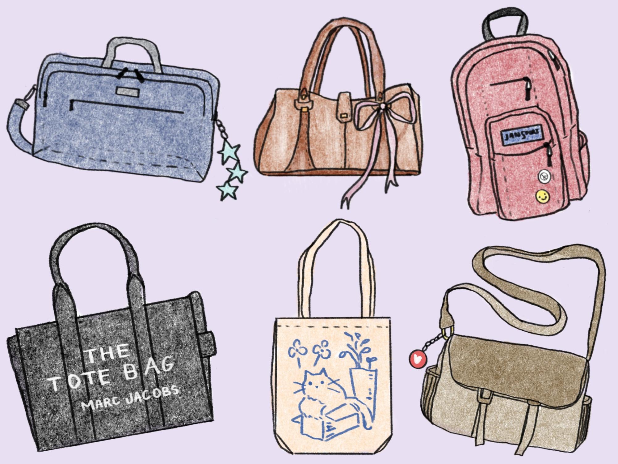 A colorful illustration of six different handbags: a blue laptop bag, a brown designer bag, a pink Jansport backpack, a black designer tote bag, a cream fabric tote bag, and a brown vintage messenger bag.