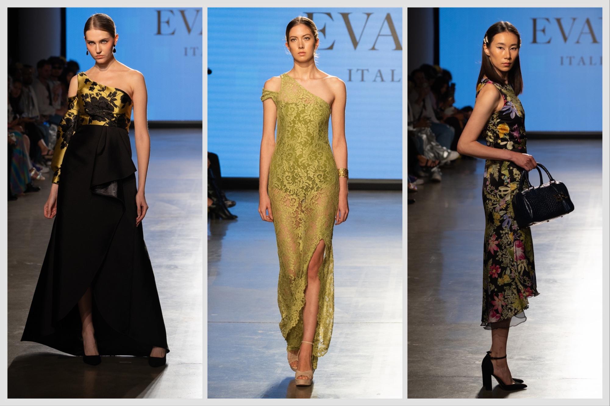 From left to right: a model wearing a black-and gold floral top and a black long skirt; a model wearing a green lace dress; a model wearing a blue floral dress holding a black handbag.