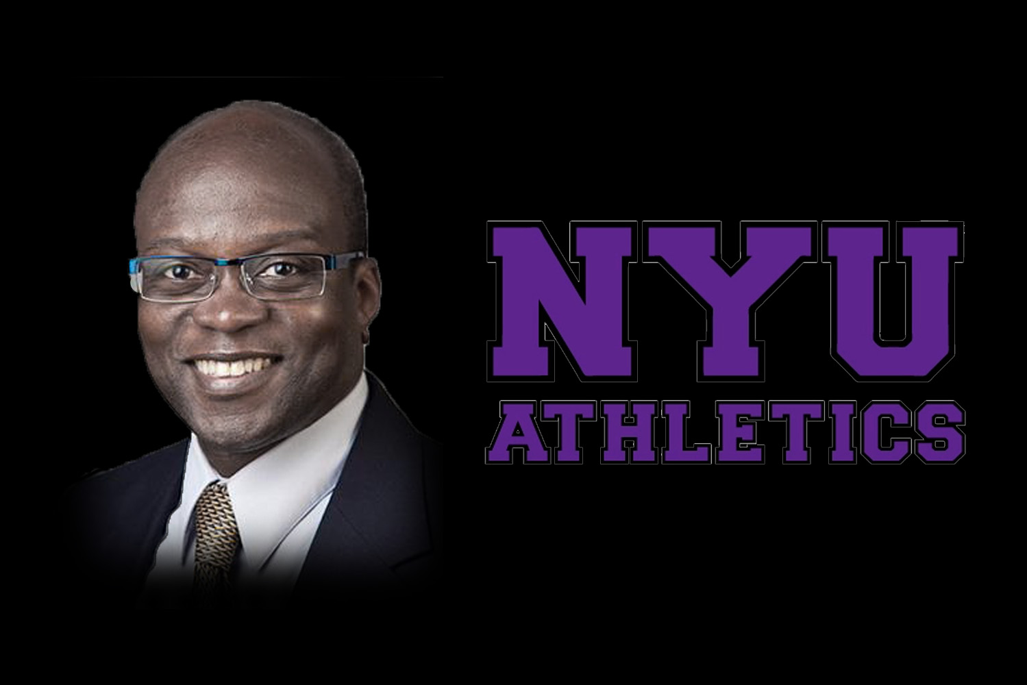A man in formal attire on the left and a logo of N.Y.U. Athletics on the right.